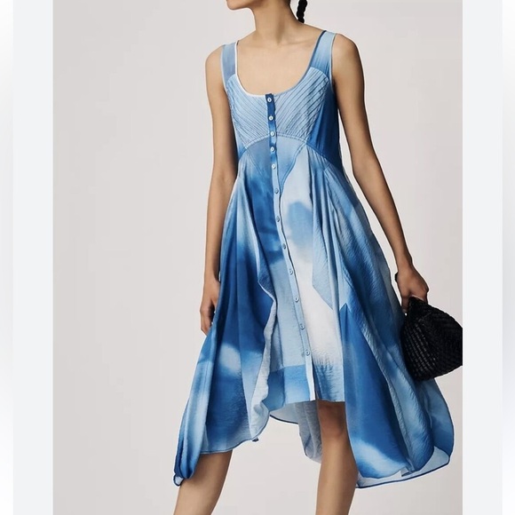 Anthropologie Blue Parachute Printed Tie Dye Flowy Hankerchief Hem Dress XL - Picture 1 of 10